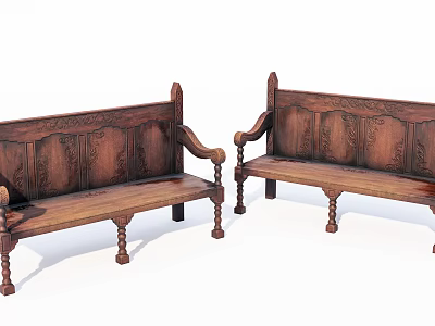 Traditional Wooden Public Chairs With Carved Backrest And Ornate Armrests 3d model