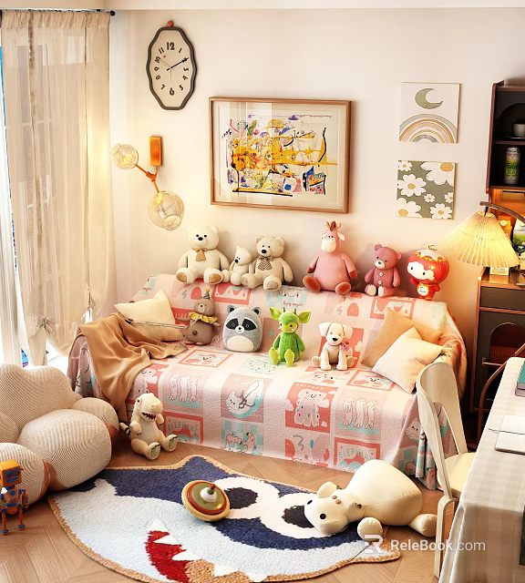 Cozy Kids Living Room with Sofa Stuffed Toys Blanket Wall Art and Decorative Lamp 3d model 