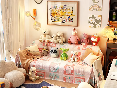 Cozy Kids Living Room with Sofa Stuffed Toys Blanket Wall Art and Decorative Lamp 3d model