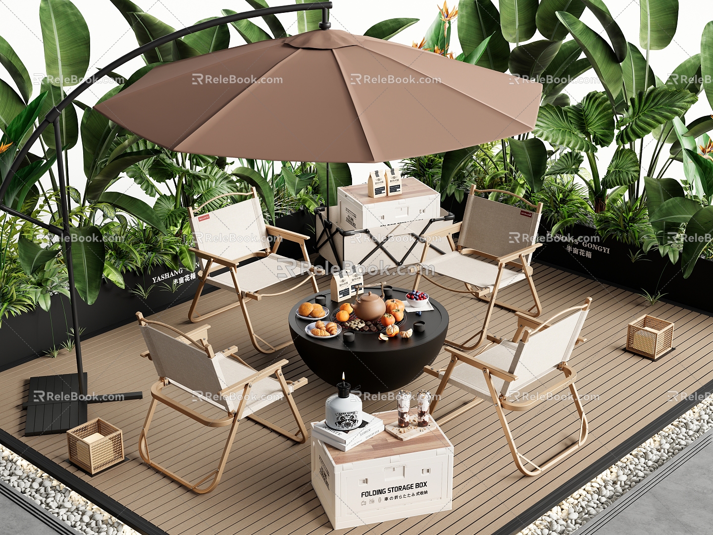 Courtyard Outdoor Table and Chair Camping Table and Chair Barbecue Oven Storage Box Plant Combination 3d model