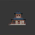 Cartoon Scene Featuring Two Story Chinese Style Building Blue Roof Red Frame Railings Steps
