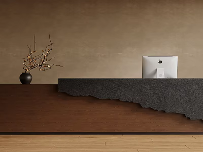 Minimalist Zen Reception Desk With Wooden Base Unique Textured Counter And Elegant Dried Branch Decoration 3d model