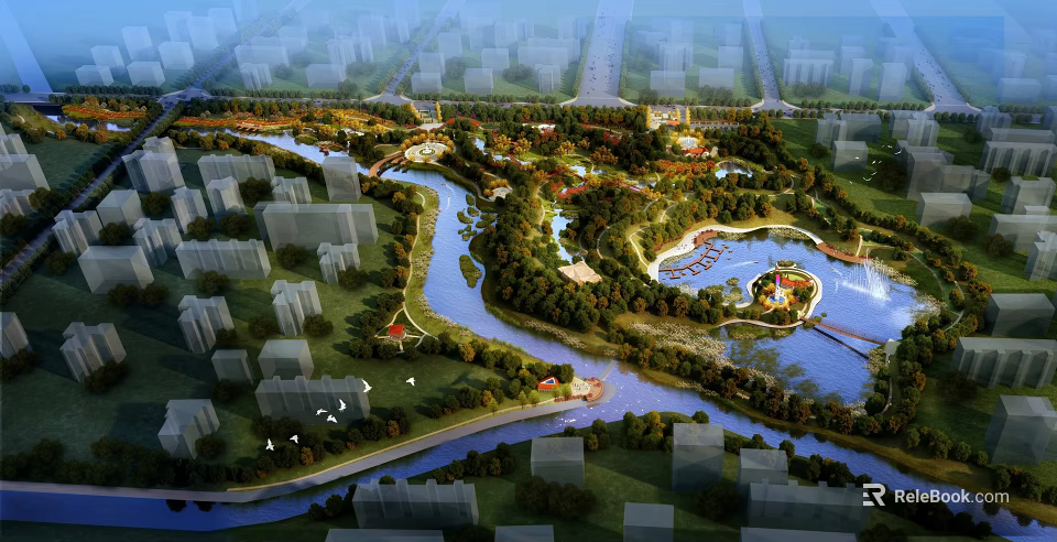 Scenic Urban Park Landscape With River Lake Greenery Trees And Bridge 3d model 