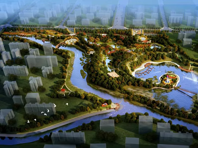 Scenic Urban Park Landscape With River Lake Greenery Trees And Bridge 3d model