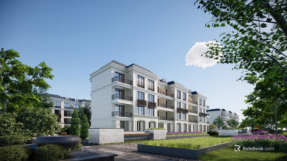 Modern Townhouse Exterior With White Facade Balconies Lush Greenery And Courtyard 3d model 