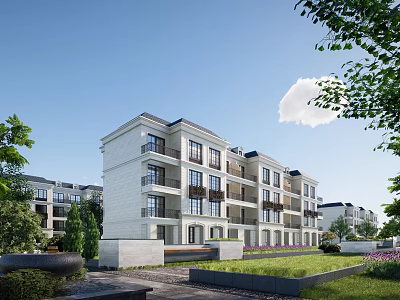 Modern Townhouse Exterior With White Facade Balconies Lush Greenery And Courtyard 3d model