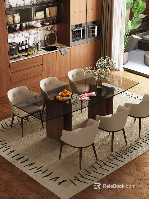 Elegant Dining Room With Glass Table Beige Chairs Flower Vase Fresh Fruits And Patterned Rug 3d model 