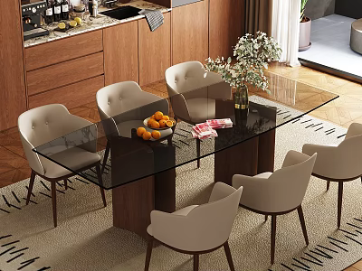 Elegant Dining Room With Glass Table Beige Chairs Flower Vase Fresh Fruits And Patterned Rug 3d model