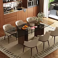 Elegant Dining Room With Glass Table Beige Chairs Flower Vase Fresh Fruits And Patterned Rug
