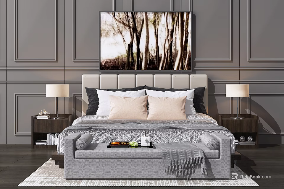 Stylish Double Bed Interior With Paneled Walls Canvas Painting Headboard Nightstands And Bench 3d model 