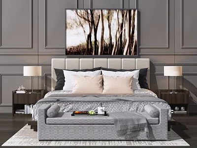 Stylish Double Bed Interior With Paneled Walls Canvas Painting Headboard Nightstands And Bench 3d model