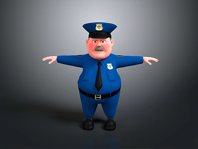 Cartoon Police Officer Game Movie Character With Blue Uniform And Mustache Open Arms 3d model
