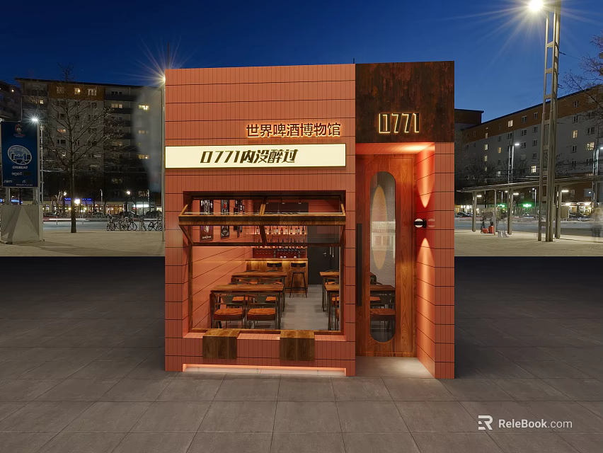 Red Brick Cafe Storefront Featuring Glass Windows Signboard Tables Chairs Inside At Night Plaza Streetlights 3d model 