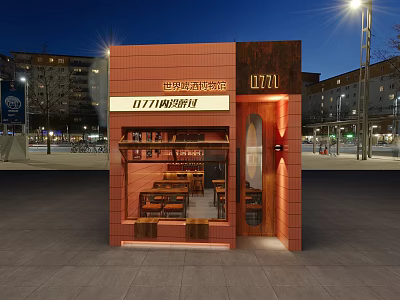 Red Brick Cafe Storefront Featuring Glass Windows Signboard Tables Chairs Inside At Night Plaza Streetlights 3d model