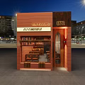Red Brick Cafe Storefront Featuring Glass Windows Signboard Tables Chairs Inside At Night Plaza Streetlights
