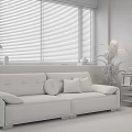 Black Leather Two Seater Sofa with Potted Plant and Bookshelf by Window Blinds