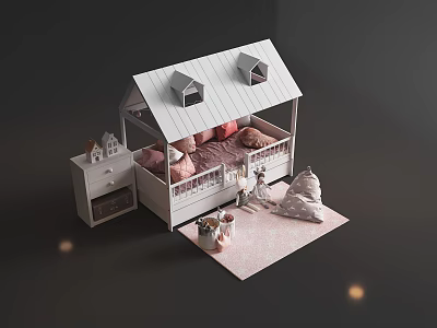 House Shaped Kids Bed with White Frame Pink Mattress Nightstand and Soft Decorative Rug 3d model