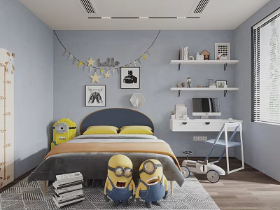 Light Blue Kids Room With Minion Plush Toys Yellow Blue Pillows Shelves And Desk 3d model