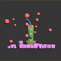 Green Cactus Surrounded by Pink Cubes and Floating Spheres on Sandy Ground