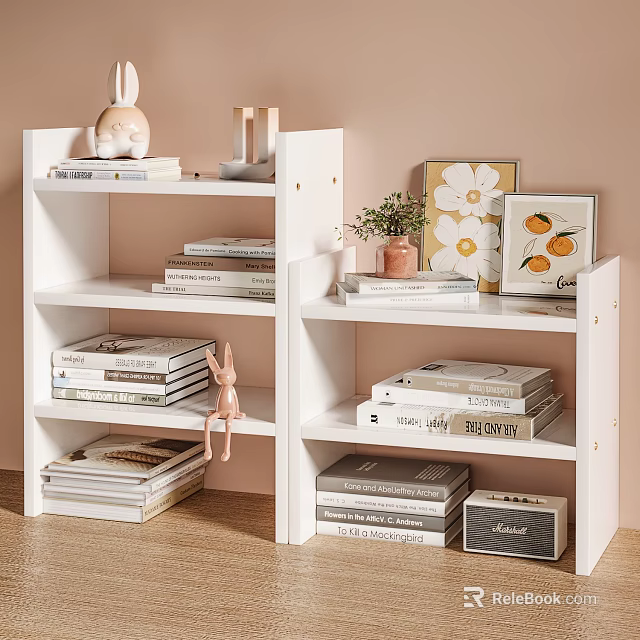 White Shelving Unit With Books Rabbit Figurine Small Potted Plant Photo Frames And Vintage Radio 3d model 