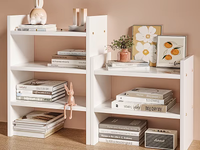 White Shelving Unit With Books Rabbit Figurine Small Potted Plant Photo Frames And Vintage Radio 3d model