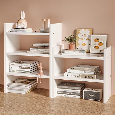 White Shelving Unit With Books Rabbit Figurine Small Potted Plant Photo Frames And Vintage Radio 3d model