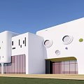 Modern White School Building With Geometric Shapes Circular Windows And Blue Green Ground