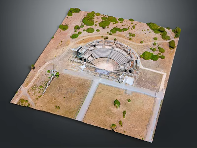 Ancient Stone Amphitheater Ruins Surrounded By Grass And Trees In Historical Site 3d model