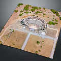 Ancient Stone Amphitheater Ruins Surrounded By Grass And Trees In Historical Site