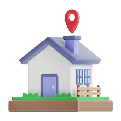 Cozy Detached Villa With Roof Chimney Blue Door Windows Fence Green Grass And Location Pin 3d model