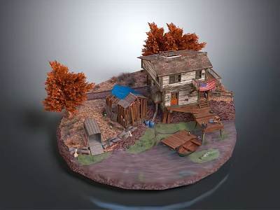 Cartoon Scene With Wooden Cabin Small Shed Orange Trees Boat American Flag And Wooden Dock 3d model
