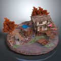 Cartoon Scene With Wooden Cabin Small Shed Orange Trees Boat American Flag And Wooden Dock