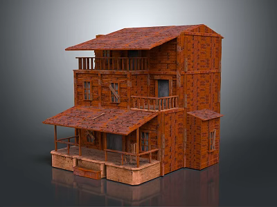 Two Story Wooden House With Red Roof Balconies And Porch Multiple Windows Exterior Design 3d model