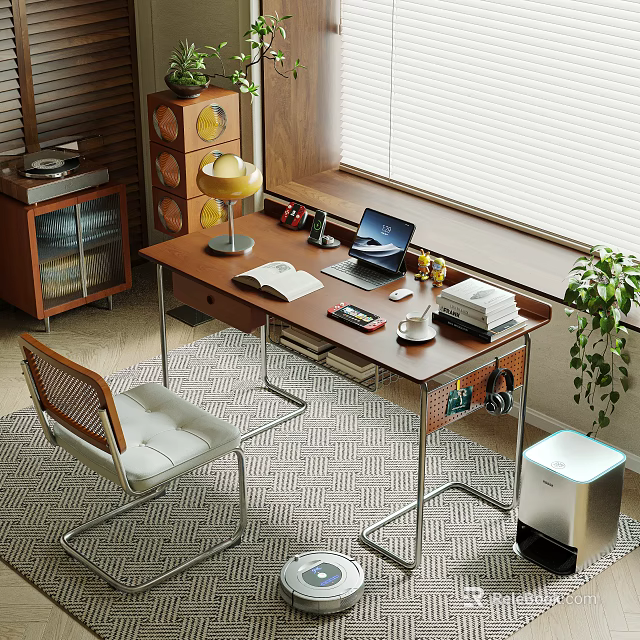 Cozy Home Office Wooden Desk and Chair with Table Lamp Laptop Books Green Plant 3d model 