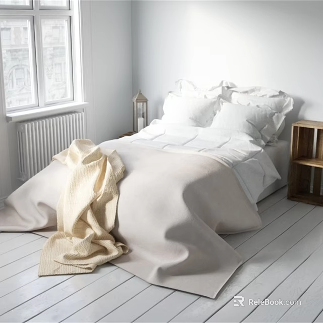Bright Room Home Essentials With Beige White Bedding Wooden Shelf Lantern And Radiator 3d model 
