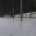 Spacious Industrial Warehouse With High Metal Roof Large Glass Windows Supporting Columns And Concrete Floor