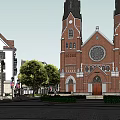 Traditional Commercial Street With Multiple Buildings Green Spaces And Pedestrian Walkways