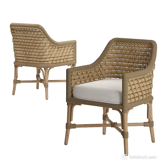 Rattan Woven Armchair With Light Wood Frame And White Seat Cushion For Outdoor Use 3d model 