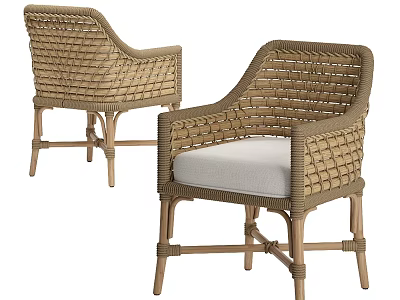 Rattan Woven Armchair With Light Wood Frame And White Seat Cushion For Outdoor Use 3d model
