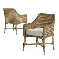 Rattan Woven Armchair With Light Wood Frame And White Seat Cushion For Outdoor Use
