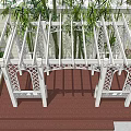 White Garden Pergola With Lattice Design Wooden Benches Red Brick Flooring And Bamboo Plants