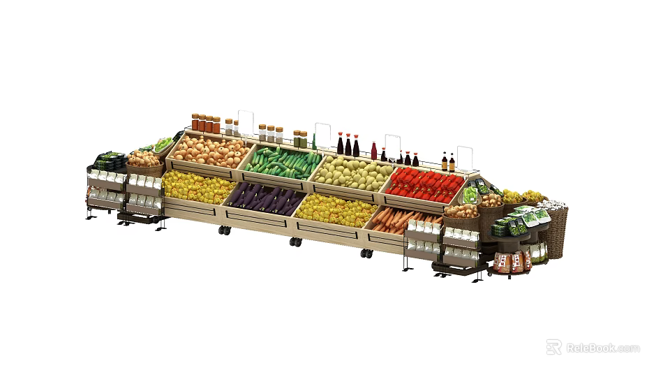 Supermarket Grocery Variety Of Fresh Fruits Vegetables On Organized Display Shelves 3d model 