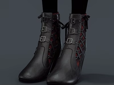 Stylish Black Leather Boots With Metal Buckles And Lace Up Details 3d model