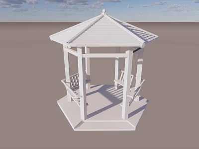 White Hexagonal Gazebo With Peaked Roof And Outdoor White Chairs In Backyard 3d model