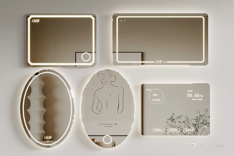 Modern Lighted Mirrors With Oval Rectangular Shapes And Decorative Patterns Design 3d model 