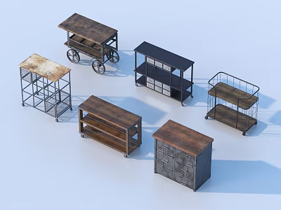 Various Industrial Style Display Shelves With Wooden Tops Metal Frames And Wheels For Storage 3d model