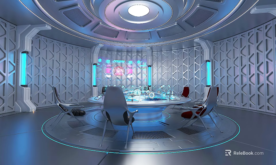 Futuristic Conference Room Interior With Circular Meeting Table Chairs High Tech Lighting And Geometric Walls 3d model 