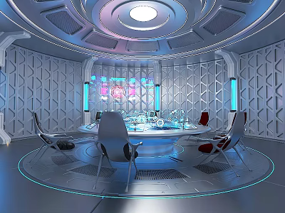 Futuristic Conference Room Interior With Circular Meeting Table Chairs High Tech Lighting And Geometric Walls 3d model