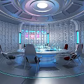 Futuristic Conference Room Interior With Circular Meeting Table Chairs High Tech Lighting And Geometric Walls