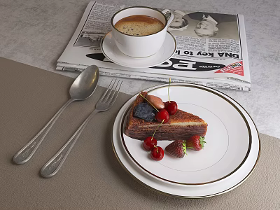 Delicious Cake Topped with Cherries and Strawberries on Plate with Coffee Newspaper Fork and Spoon 3d model